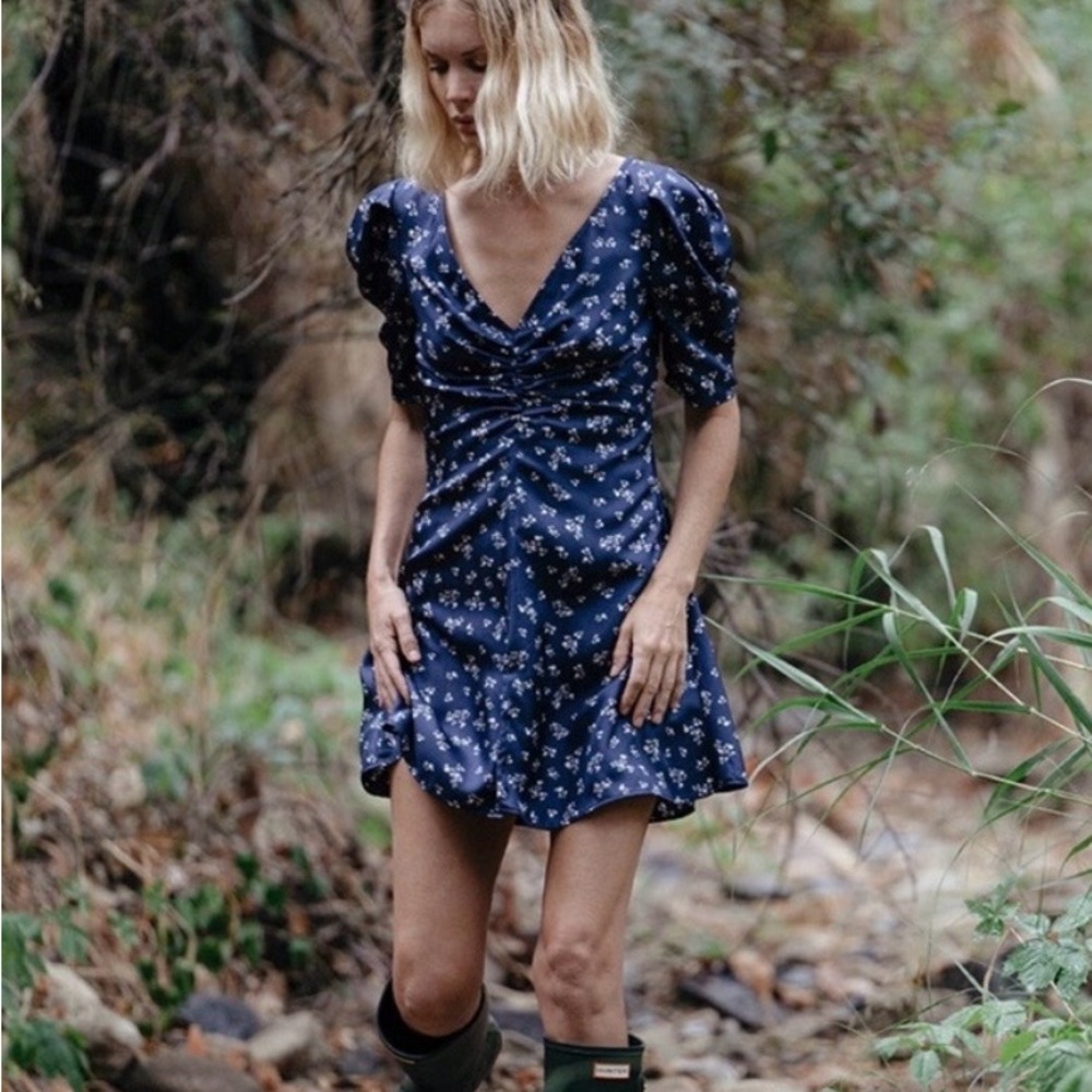 Ciao Lucia Tatiana Silk Mini Dress L Navy Floral Ruched Puff Sleeve Made in LA